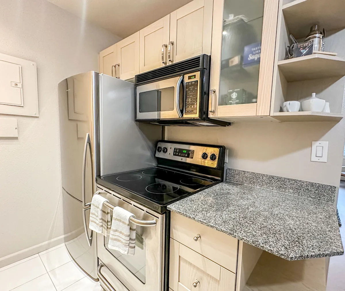 Kitchen with stove, oven and microwave